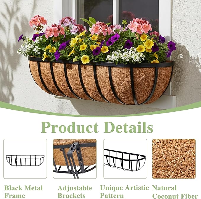 30 Inch Railing Planter Window Box Deck Balcony Rail Planter with Coco Liner Metal Wall-Mounted Coconut Liner Basket English Horse Trough for Outdoor Balcony Porch Fence Patio (2 Pack)