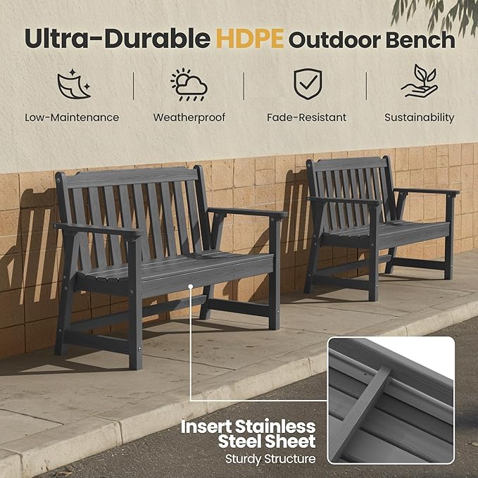 Ciokea 49" Heavy Duty Outdoor Bench, HDPE Weatherproof Porch Benches, Durable 2-Person Garden Benches with 660 Lbs, Waterproof Patio Bench for Outside Balcony Deck Backyard, Dark Grey