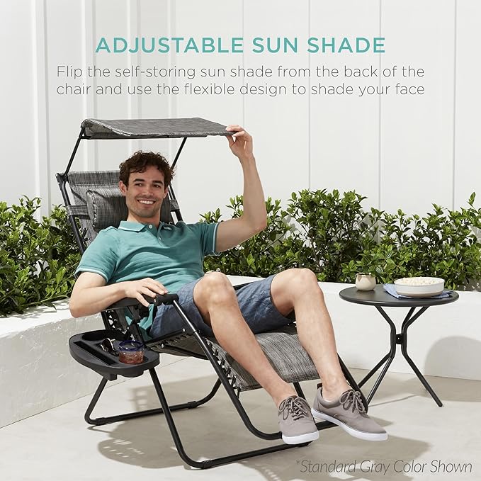 Best Choice Products 30” Wide Folding Zero Gravity Outdoor Recliner Patio Lounge Chair w/Adjustable Canopy Shade, Headrest, Side Accessory Tray - Black