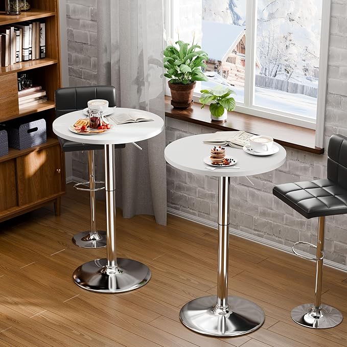 Flamaker Round Bistro Pub Table 23.6 Inch Height Adjustable 360° Swivel Bar Table Metal Base for Pub, Dining Room, Party (1, White-Silver)