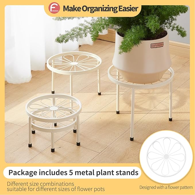 Plant Stand,5 Pack Heavy Duty Flower Pot Stands,Metal Decoration Racks,Round Plant Shelf for Planter Outdoor and indoor (White)