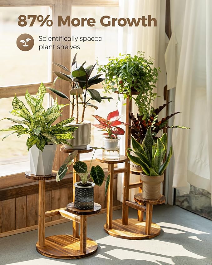 Bamworld Plant Stand Indoor Plant Shelf 4 Tier Wood Plant Stand for Multiple Plants Tall Corner Plant Stands for Outdoor Round Flower Stand Plant Holder for Living Room Patio Garden Balcony Brown