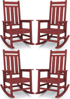 KINGYES Oversized Outdoor Rocking Chair Set of 4, All-Weather Patio Rocking Chairs for Porch, HDPE Outdoor Patio Rockers with High Back & Wide Seat for Garden, Lawn, Red