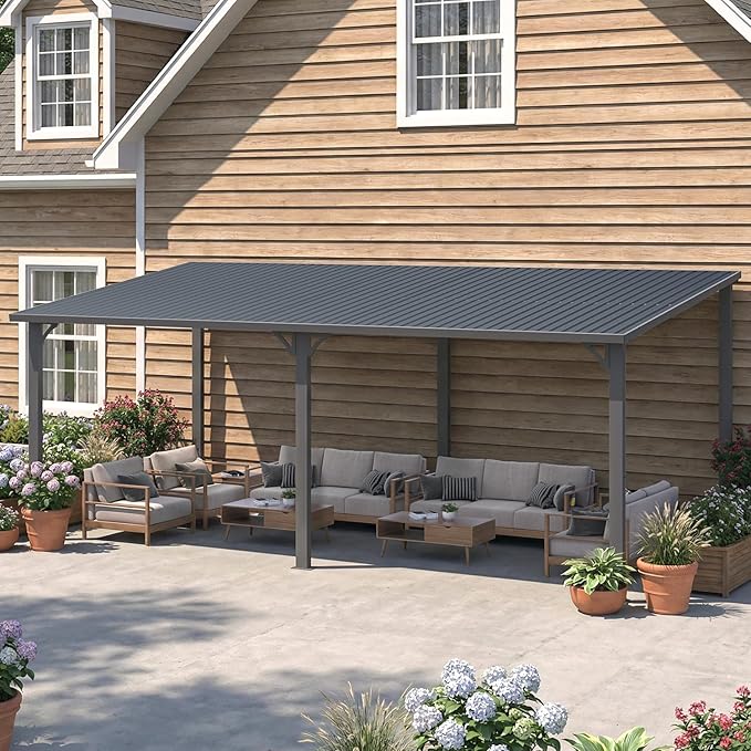 AECOJOY 10' x 20' Outdoor Hardtop Metal Gazebo for Patio, Large Lean to 20x10 Galvanized Steel Wall Mounted Pergolas and Grill Gazebos Clearance, Heavy Duty Patio Roof Metal Awnings for Decks