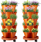 Umigy 2 Set 5 Tier Stackable Planters Vertical Garden Planters for Strawberry Herb Flower and Vegetable Indoor Outdoor Gardening Pots with Removable Wheels and Bottom(Terracotta)