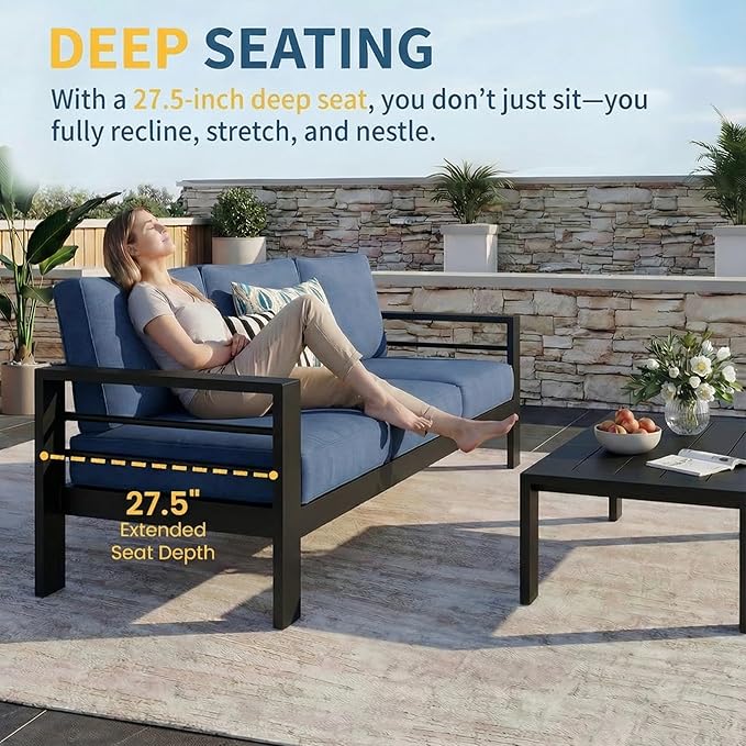 Solaste Aluminum Patio Furniture Set for All Weather, Oversized Metal Outdoor Furniture Set with 27.5" Deep Seating and 3.2" Wide Armrest, Outdoor Patio Sofa with 10" Back Suport Cushion