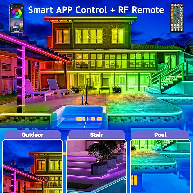 AILBTON 100ft Outdoor LED Strip Lights Waterproof,IP68 Outside Led Light Strips Waterproof with Bluetooth App Remote Control,Music Sync RGB Exterior Led Rope Lights,for Balcony,Deck,Roof,Garden,Pool.