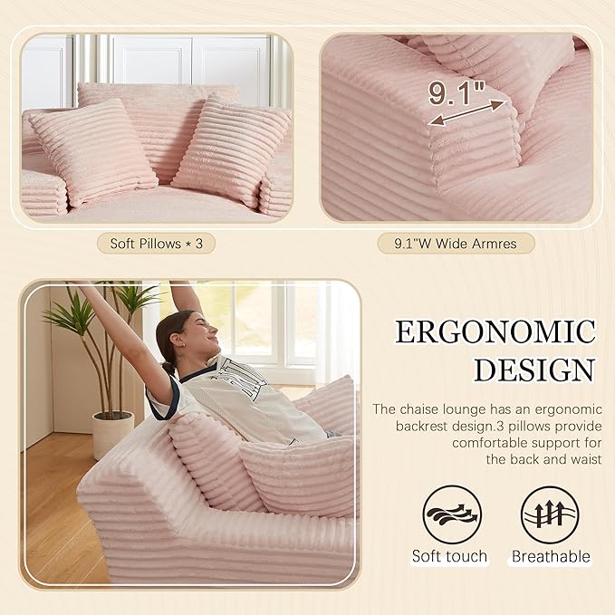 Chaise Lounge Chair Indoor, 50 Inch Oversized Corduroy Upholstered Boneless Sofa Bed, Deep Seat Sleeper Couch Reading Chairs, Cloud Sofas Couches for Living Room (Pink, 50" W x 80" D)