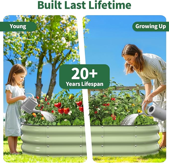 Kesfitt Raised Garden Bed, 4x2x1 FT Galvanized Steel Metal Raised Garden Bed, Oval Open-Bottom Design, 12-Inch Deep for Outdoor Vegetable & Herb Gardening, Fruit Green