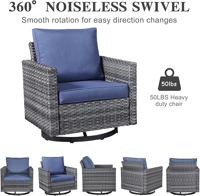 Belord Patio Sectional Furniture Set with Fire Pit Table: 8 Pieces Wicker Patio Conversation Set with L Shaped Sofa, Outdoor Swivel Glider Rocker, Rattan Ottomans, Removable Cushions Blue