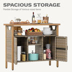 DWVO XL Patio Storage Cabinet, Wicker Outdoor Bar Table with Wood Top,Adjustable Shelves, Patio Sideboard for Outdoor Buffet,Yard, Garden, Kitchen (Brown)