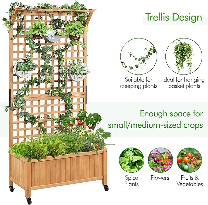 Yaheetech 72" H Garden Planter with Trellis for Vine Climbing Horticultural Plants, Yard Box Outdoor w/Drainage Holes, Garden Planter Bed for Flowers Herbs, Light Brown