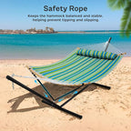 SUPERJARE Curved-Bar Hammock with Stand, 2 Person Heavy Duty Hammock Frame, Detachable Pillow & Portable Carrying Bag, Perfect for Outdoor & Indoor, Thin Blue and Green Stripes