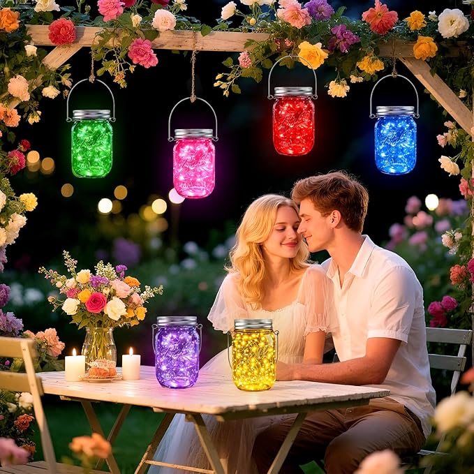 String Lights Solar Mason Jar Hanging Lights, 6 Mixed Colors