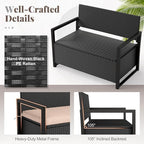 RELAX4LIFE Wicker Outdoor Bench with Storage - Rattan Deck Box w/Protective Liner for Pillows, Pool Supplies, Garden Tools, Patio Loveseat with Seat Cushion & Metal Armrests for Backyard Porch Balcony