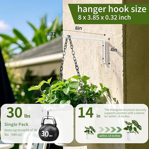 2 Pack 8 Inch Plant Hanger Hooks for Indoor Hanging Plants, Heavy Duty Steel Hanging Plant Brackets Wall Mount Hooks for Hanging Bird Feeders Flower Basket Wind Chime Solar Lanterns Outdoor, White