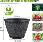 4 Pack 16 Inch Large Plant Pot for Outdoor, Plastic Flower Pot Indoor with Drainage Hole & Saucer, Modern Decorative Garden Pot, Imitation Magnolia Garden Pots for House Planters（Gray）