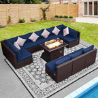 NICESOUL Modern Outdoor Patio Sectional Sofa Set with Firepit Natural Gas/Propane, 29.3'' High Back Wicker Conversation Set, 10 Seats Large Deep Seating Furniture, Brown Rattan and Navy Blue Cushion