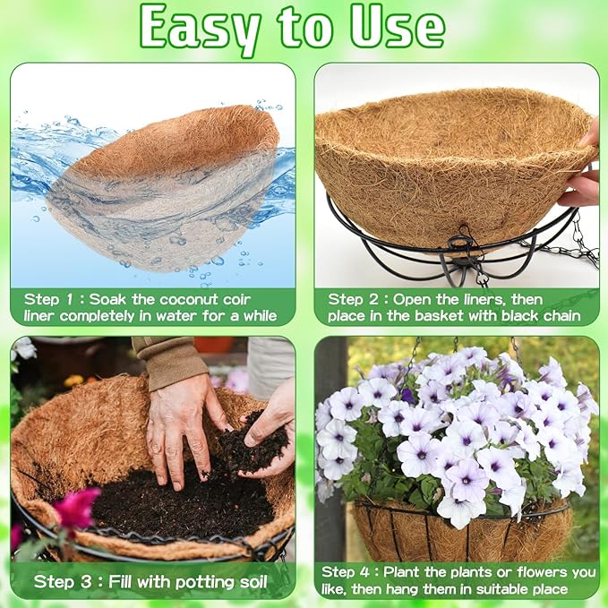 ZeeDix 12 Inch Hanging Baskets for Plants, 2 Pack Metal Round Hanging Planter with Coconut Liners Replacement, Hanging Flower Pots for Outdoor Indoor Plants Flowers Vegetables
