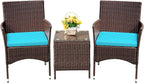 Devoko Patio Porch Furniture Sets 3 Pieces PE Rattan Wicker Chairs with Table Outdoor Garden Furniture Sets (Brown/Blue)