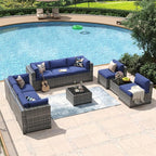 Aoxun 10 Piece Patio Furniture Set Wicker Rattan Patio Conversation Set Outdoor Sectional Sofa Set with Coffee Table and Thickened Cushions, Gray/Blue (Waterproof Cover Included)