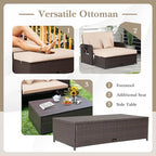 HAPPYGRILL Patio Rattan Wicker Daybed with Loveseat & Storage Ottoman, Outdoor Lounge Sofa Furniture Set with Adjustable Backrest & Side Trays, for Poolside Deck Porch Lawn (Mix Brown & Beige)