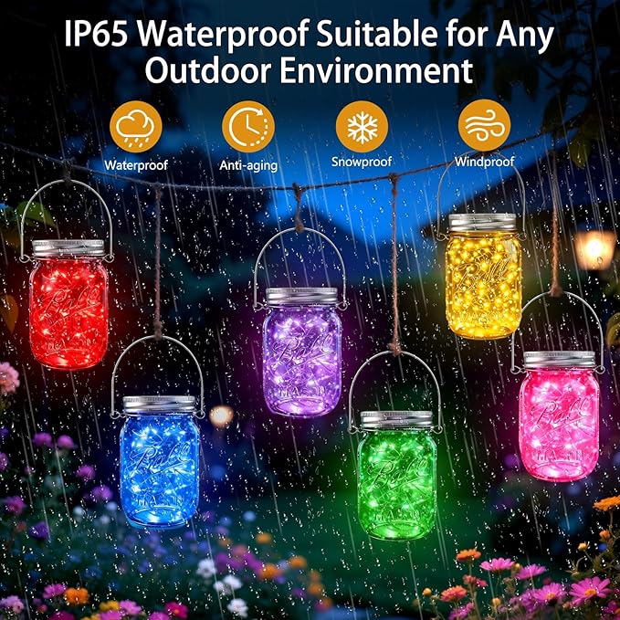 String Lights Solar Mason Jar Hanging Lights, 6 Mixed Colors