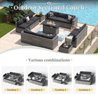 Aoxun 15 Piece Patio Furniture Set with Fire Pit Table Wicker Rattan Outdoor Sectional Sofa Set with Coffee Table and 4” Thickened Cushions, Grey/Black (Waterproof Cover Included)