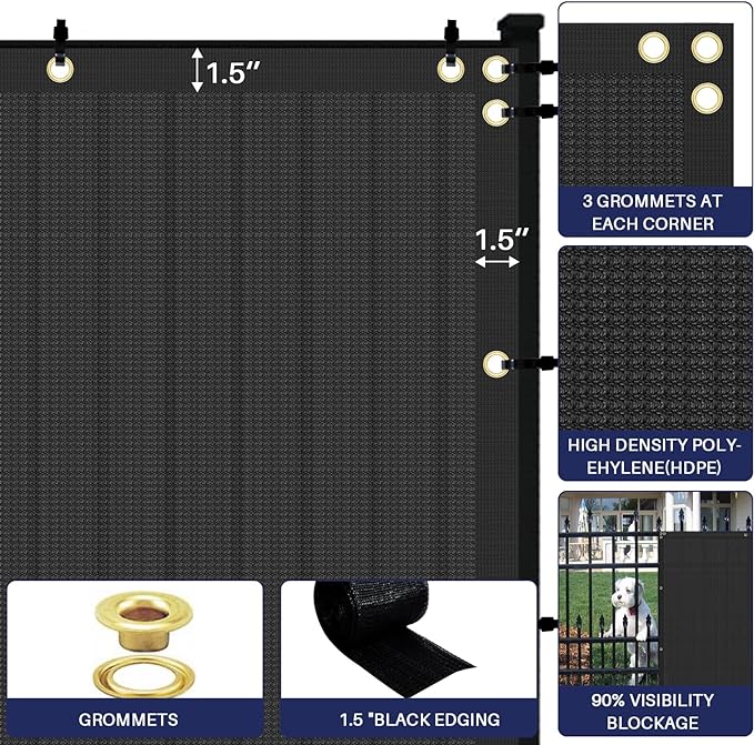 Windscreen4less Privacy Fence Screen Heavy Duty Windscreen Fencing Mesh Fabric Shade Net Cover with Brass Grommtes for Outdoor Wall Garden Yard Pool Deck, 6'x195' Black