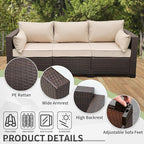 WAROOM Patio Couch PE Rattan 3-Seat Outdoor Sofa Brown Wicker Furniture Set Deep Seating with Anti-Slip Beige Cushion