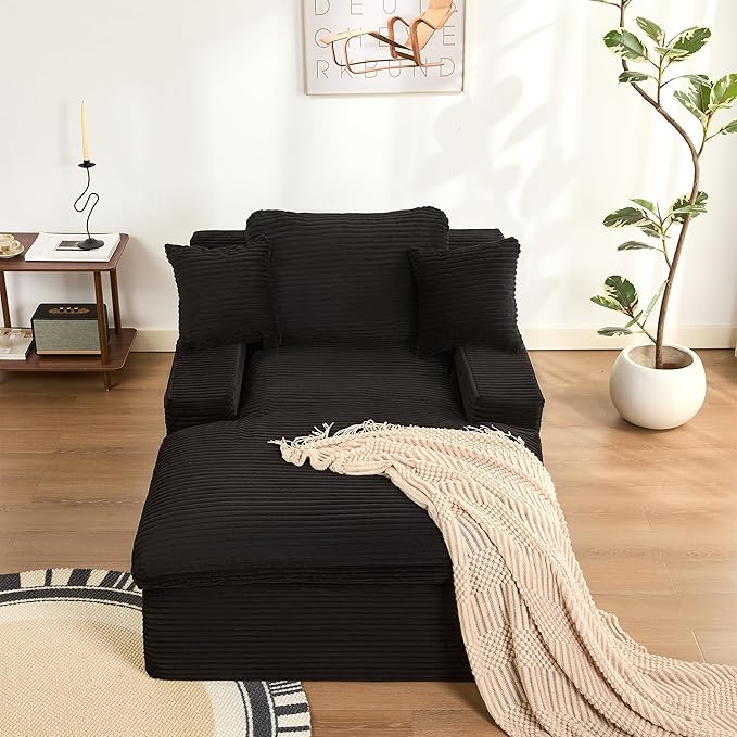 63" Chaise Lounge Chair Indoor, Set of Convertible Sleeper Sofa Couch with Throw Pillows & Side Pockets, Corduroy Upholstered Oversized Sofa Bed with Armrests for Living Room Bedroom, Black