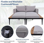 Outdoor Double Metal Daybed, with Wood Topped Side for Drinks, 2 in 1 Padded Sun Lounger with Cushions & Pillows, Patio Chaise Lounge Chair for Poolside Lawn Garden, Gray