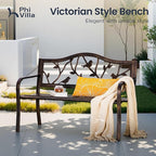 PHI VILLA Outdoor Garden Park Bench Patio 50" Metal Bench, Steel Frame Bench with Backrest and Armrests for Porch, Lawn, Balcony, Backyard and Indoor, Bronze