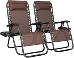 Yaheetech 26" Zero Gravity Recliners Outdoor Adjustable Folding Reclining Lounge Chairs w/Pillows, Cup Holder Trays and Carry Strap for Patio Backyard Beach Brown Set of 2