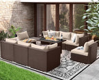 NICESOUL 9 Piece Patio Furniture Conversation Set, Extra Large Size Outdoor Rattan Sectionals with Fire Pit Table Natural Gas & Propane Convertible, 29.3'' High Back 8 Seater Deep Wide Sofa, Espresso