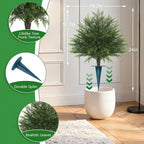 Artificial Cypress Topiary Bushes with Spike, 2 Pack Faux UV Resistant Cedar Ball Trees for Outdoor Planters, Fake Shrubs Plants for Porch Garden Decor