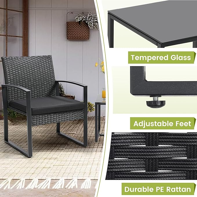 3 Piece Wicker Patio Bistro Set, Rattan Conversation Set with Coffee Table, for Balcony, Porch, Garden, Yard, Poolside, Black Frame with Black Cushion