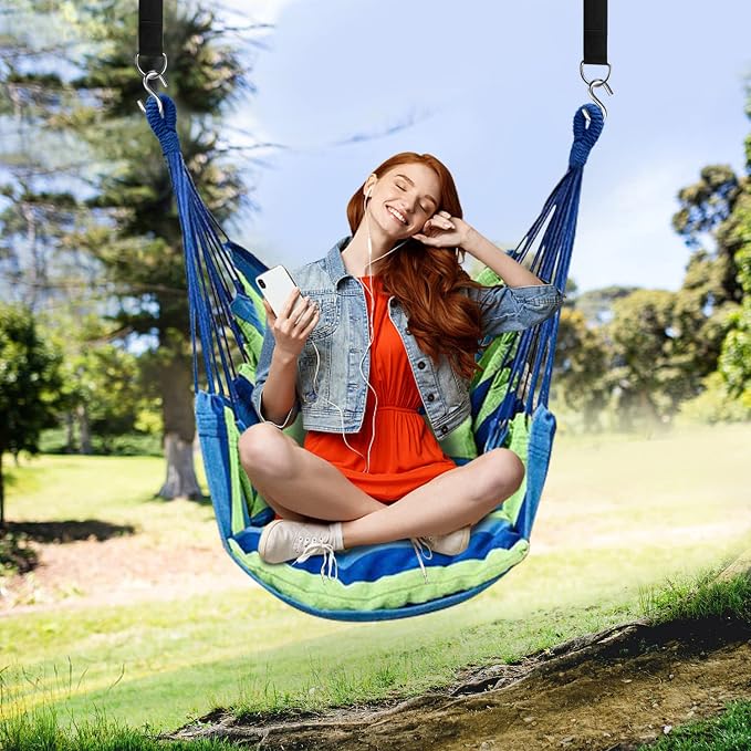 Hammock Chair, Cotton Tree Swing Chair, 330 lb Capacity, Green or Blue