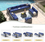 Aoxun 11 Piece Patio Furniture Set Wicker Rattan Patio Conversation Set Outdoor Sectional Sofa Set with Coffee Table and Thickened Cushions, Gray/Blue(Waterproof Cover Included)