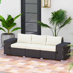 Outsunny 3 Seater Wicker Sofa with 2 Storage Side Tables and Thickened Cushions, Rattan Outdoor Patio Sofa with Wide Armrests, Wicker Outdoor Couch for Porch, Garden, Backyard, Cream White/Brown