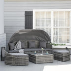 Outsunny 4-Piece Outdoor Rattan Furniture Set, Round Convertible Patio Daybed or Sunbed, Sectional Sofa with Canopy, Pillows, Cushions, Footrest, Table, PE Plastic Wicker, Gray