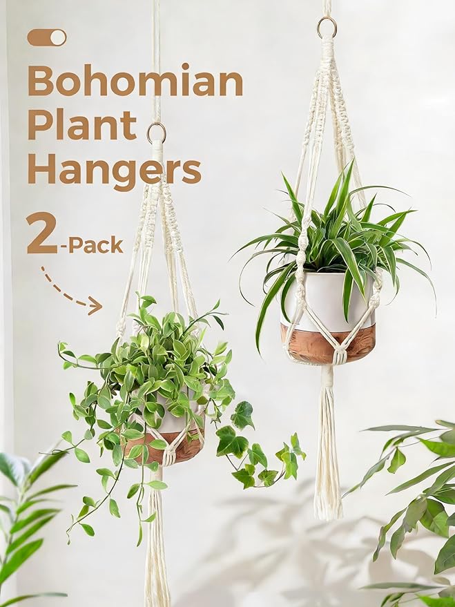 Bamworld Macrame Plant Hanger Indoor Hanging Planter for Plants Hanging Plant Basket Macrame Wall Hanging Planters Boho Decor Home Room Decor Aesthetic 36 Inches Ivory, Set of 2