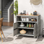 Tangkula Rattan Outdoor Storage Cabinet, Patiojoy Outdoor Cabinet with Acacia Wood Countertop, Open Compartment, 2-Door Wicker Sideboard, Outdoor Bar for Patio Garden Backyard Poolside (Mix Grey)