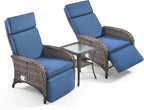 3 Pieces Zero Gravity Wicker Patio Recliner Chairs Set of 2 - Wicker Outdoor Lounge Chair with Side Table, Adjustable Backrest & Footrest, High Back Outdoor Recliner Chair for Pool Deck Blue