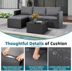 3-Piece Outdoor Patio Sectional Sofa Set with Glass Coffee Table & Ottoman — All-Weather PE Rattan Conversation Furniture, Black Rattan & Grey Cushions, Perfect for Garden, Backyard, Deck, Grey