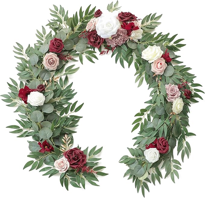 Artificial Eucalyptus Garland, 6 ft Burgundy and White Faux Silk Vine