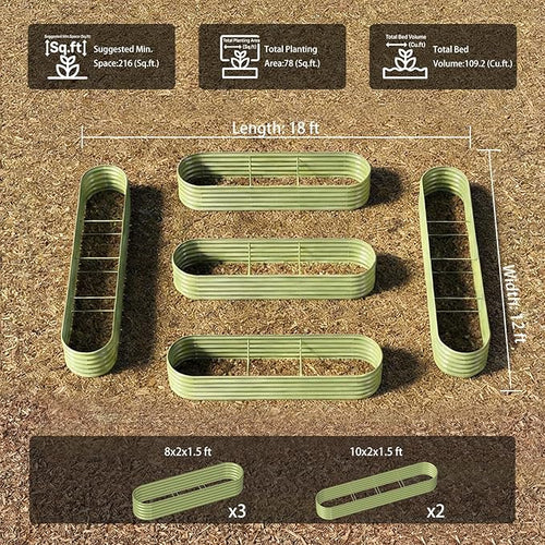 5-Pack 18” Tall Galvanized Raised Garden Beds – Everyday Kitchen Garden Layout, Fits 200 Sq Ft Patio or Backyard, 10x2x1.5 ft & 8x2x1.5 ft Metal Flower Bed for Herbs Vegetable-Brooklyn Grey