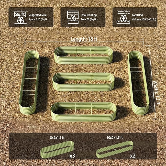 5-Pack 18” Tall Galvanized Raised Garden Beds – Everyday Kitchen Garden Layout, Fits 200 Sq Ft Patio or Backyard, 10x2x1.5 ft & 8x2x1.5 ft Metal Flower Bed for Herbs Vegetable - Sand Beige