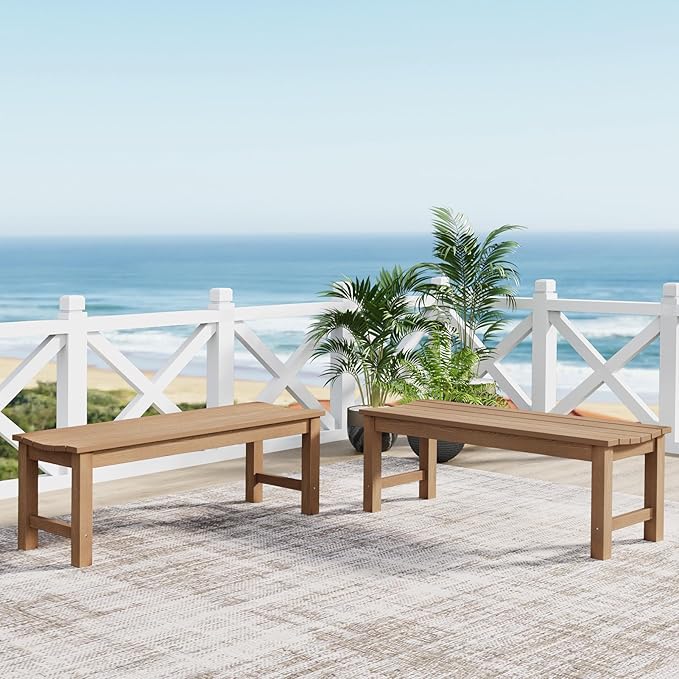 Outdoor Bench, 2-Person Patio Backless Bench Holds up to 800lbs, Weatherproof Garden Bench that Never Rot and Fade, Suit for Backyard, Porch, Patio, Deck and Entryway (Teak)