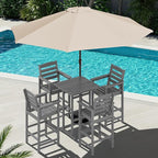 SERWALL 6 Pieces Outdoor Patio Bar Set with 9ft Umbrella, Outdoor HDPE Barstool and Table Furniture Set with Patio Umbrella, Gray